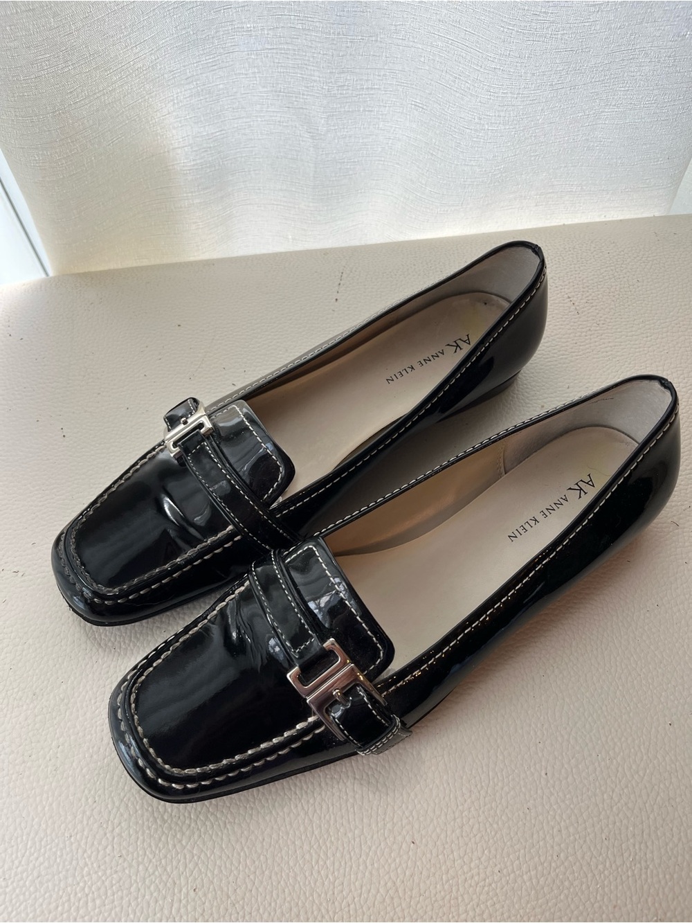 Anne Klein Black Patent Leather silver buckle Loafers